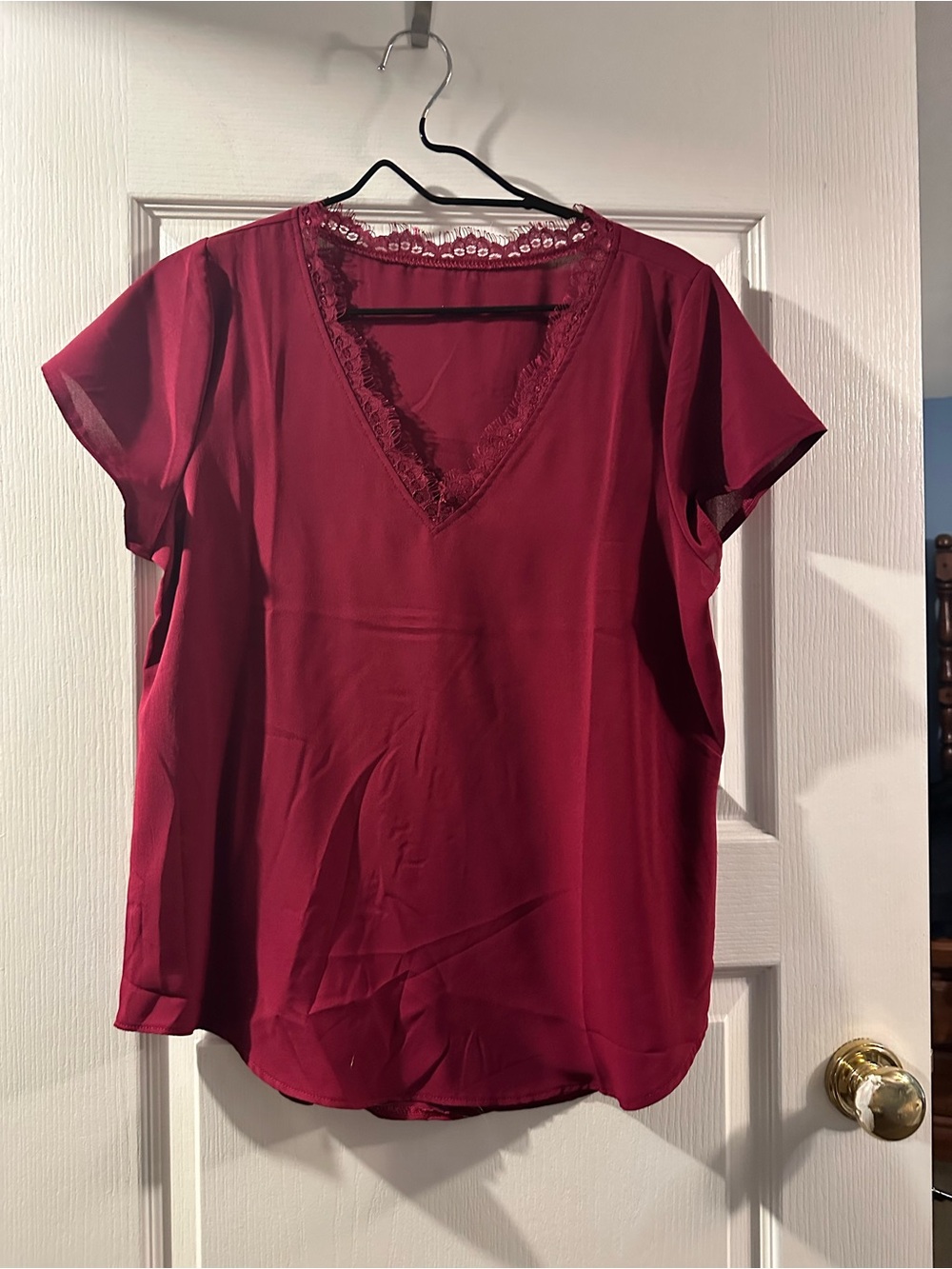 Amazon Women's Burgundy V-Neck Lace Trim Short Sleeve Blouse